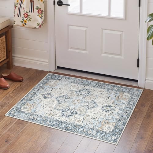 GENIMO Area Rug 2x3 Doormat, Machine Washable Low Pile Vintage Rugs, Small Lightweight Rug Entryway Indoor Mat for Entrance, Hallway, Kitchen and Corridor, Blue - color: Blue&gold, size: 2' x 3' (Rectangular)