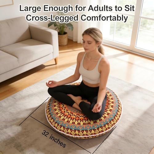LOVMOC 32 Inch Round Floor Pillow for Adults Set of 2, Large Thick Memory Foam Boho Mandala Meditation Floor Seating Cushion, Machine Washable for Living Room Outdoor Yoga Floor Sitting, Yellow - color: Yellow, size: 2 Count (Pack of 1)