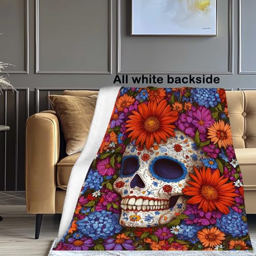 Sugar Skull Throw Blanket, Gift for Women and Men, Day of Dead Theme, Lightweight Fleece for Halloween Home Decor, Couch and Chair, 40x50 Inches - color: Skull Flower