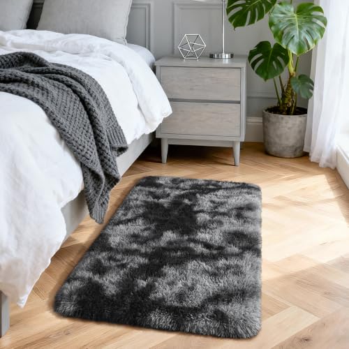 Merelax 2x3 Small Rug for Bedroom Livingroom Mini Space Home Decor, Modern Indoor Shaggy Plush Fluffy Furry Fur Rugs Comfy Nursery Kids Room Floor Carpet, Tie-Dyed Black & Grey - color: Tie-dyed Black & Grey, size: 2' x 3' (Rectangular)