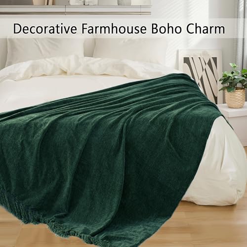 Chenille Throw Blanket for Couch 50"X 60", Soft Cozy Throws with Fringe Tassel for Bed Sofa Chair Cover, Lightweight Knitted Decorative Boho Blankets for Living Room, Dark Green - color: Dark Green, size: 50x60 inch