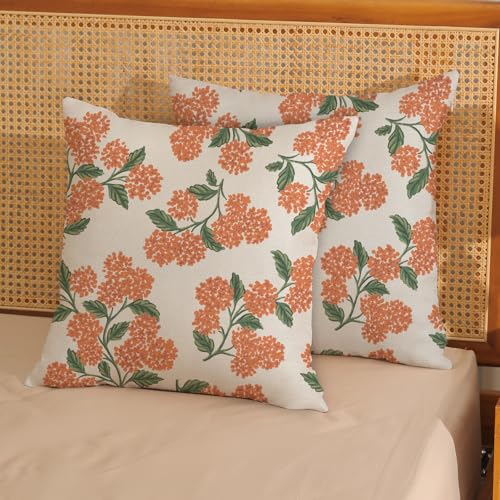 Fall Burnt Orange Pillow Covers 16x16 Inch 2 Pcs Green Hydrangea Flower Decor Throw Pillows Vintage Floral Seasonal Autumn Outdoor Decoration Pillowcase Linen Cushion Cover for Couch Sofa - color: Burnt Orange Hydrangea, size: 16" x 16" (Pack of 2)