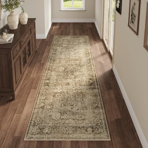 Fmfunctex 2x5 Washable Runner Rug Brown Vintage Neutral Distressed Non Slip Low Pile Indoor Carpet Soft Retro Floral Hallway Entryway Rug for Kitchen Living Room Bedroom Bathroom Laundry Entry Bedside - color: Brown, size: 2' x 5' (Rectangular)