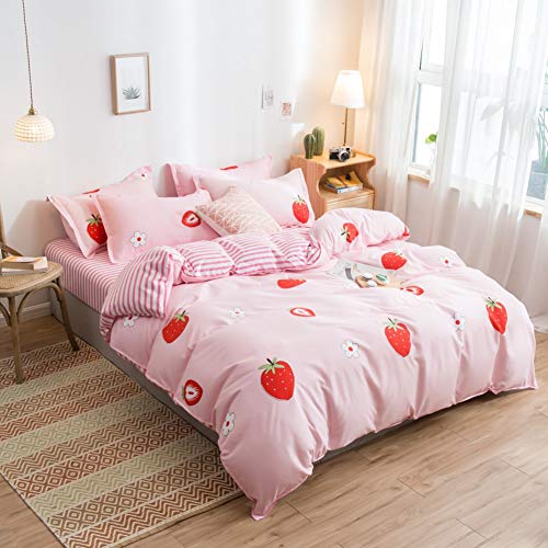 Girls Pink Strawberry Duvet Cover Set Sweet Floral Print Comforter Cover Set Cute Fruit Theme Bedspread Cover with Zipper,Luxury Reversible Stripes Bedding(Queen) - color: Multi 47, size: Queen