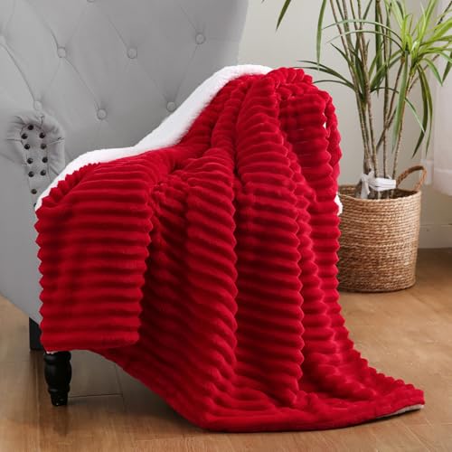 Red Sherpa Fleece Throw Blanket 50”×60” for Couch Sofa Bed,Double Side Soft Fuzzy Cozy Plush Thick Flannel Blanket with Striped Design Gift for Adults,Woman,Girls - color: Red, size: 50×60inch