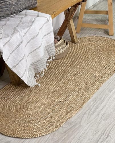 Chardin home Hand Woven Natural Jute Braided Rug – 2x5 Runner Oval| Rustic Boho Farmhouse Style | Solid Natural Fiber Rug for Hallway, Entryway, Kitchen, Bedroom, Dining Room, Study, Office - size: 2' x 5' (Oval)