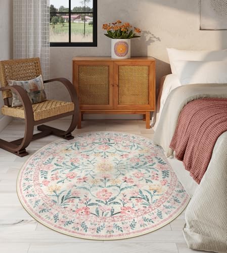 Lahome Sylvie Boho Light Pink Round Rug 4ft, Washable Small Circle Rugs for Bedroom Kids, Pink and Green Nursery Circular Carpet Girl Decor, Soft Non-Slip Round Carpet for Sunroom, Blush - color: Blush Pink, size: 4' (Round)