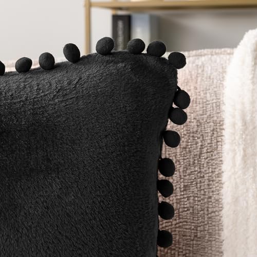 PAVILIA Black Throw Pillow Covers with Pom Pom 20x20 Set of 2, Decorative Pillow Cases for Bedroom Aesthetic, Small Throw Pillows Set for Bed, Velvet Euro Plush Cushion Covers for Sofa Couch - color: Black, size: 20" x 20" (Pack of 2)