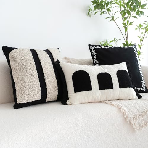 Black Cream Boho Chunky Tufted Pillow Cover, Neutral Decorative Square Throw Pillow Case, Geometric Woven Modern Sham for Bed Couch Living Room, 18x18 inches, 1PCS - color: Black, size: 18" x 18" (Pack of 1)