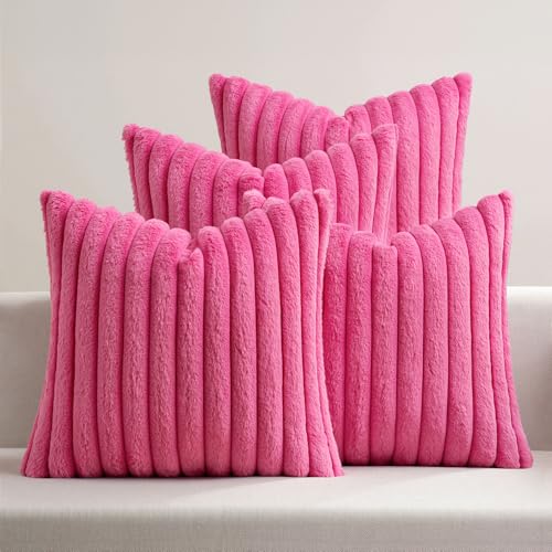 MIULEE Faux Fur Plush Decorative Throw Pillow Covers 20x20 Set of 4, Modern Soft Fuzzy Striped Cushion Covers for Sofa Couch Bed Living Room Cozy Home Decor,Hot Pink - color: Hot Pink, size: 20" x 20" (Pack of 4)