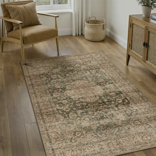 3x5 Washable Area Rug Green Brown Vintage Non Slip Soft Low Pile Rug for Entryway Kitchen Bathroom Distressed Oriental Throw Carpet for Living Room Bedroom Home Decor - color: Green/Brown, size: 3' x 5' (Rectangular)