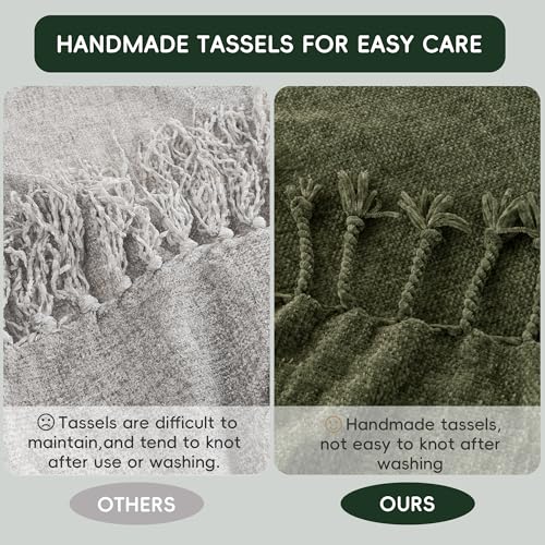 BATTILO HOME Olive Green Chenille Throw Blanket for Couch, Soft Cozy Textured Knit Throw Blanket with Handmade Fringe Tassels, Lightweight Decorative Farmhouse Blanket for Sofa Bed Chair, 50"x60" - color: Olive Green