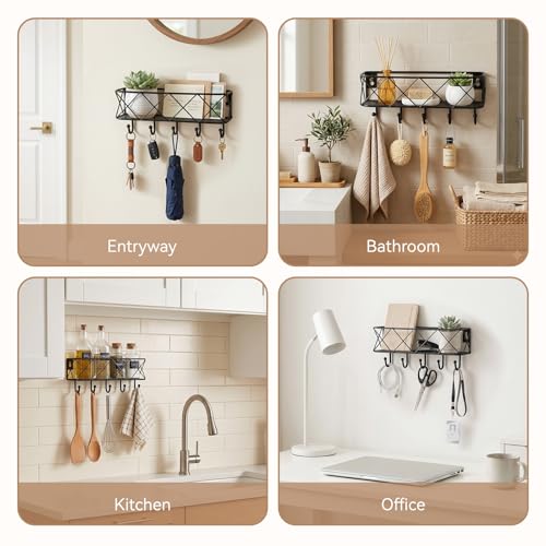 HappyHapi Key Holder for Wall Decorative, Entryway Key Hooks, Wall Mounted Key Rack with 5 Hooks, Metal Wire Mesh Basket Mail Holder, 9.8”Lx2.1”Wx4.1”H