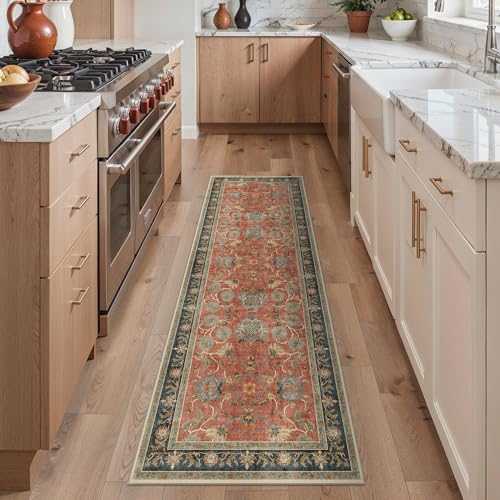 Bavni 2x8 Washable Runner Rug Non Slip, Vintage Distressed Accent Hallway Runner, Low Pile Coral Red Blue Carpet Stain Resistant, Kitchen Runner Floral Rugs for Entryway, Bedroom, Laundry, Nursery - color: Coral Blue, size: 2' x 8' (Rectangular)