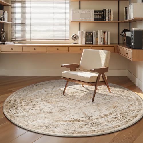 AMOAMI-6FT Round Rug-Rugs for Living Room-Vintage Soft Beige Rugs for Bedroom-Non Slip Circle Rug-Machine Washable Rug for Dining Room Living Room Bedroom Office Under Table - color: Beige, size: 6' (Round)