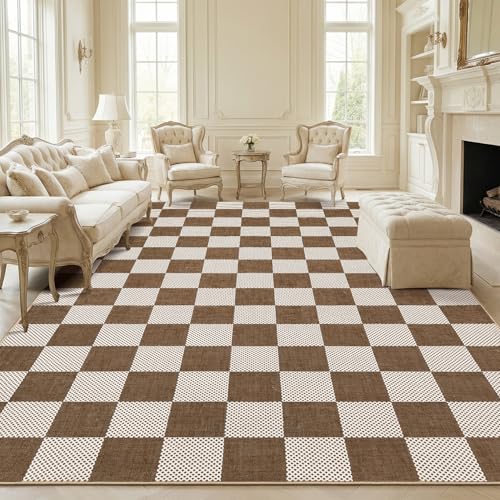 GarveeHome Checkered Terracotta Brown 2x3 Washbale Rug Door Mat Geometric Diamond Dot Modern Neutral Boho Soft Low-Pile Small Rug for Bedroom Entryway Bathroom Kitchen Non-Slip TPE Backing - color: Terracotta Brown, size: 2' x 3' (Rectangular)