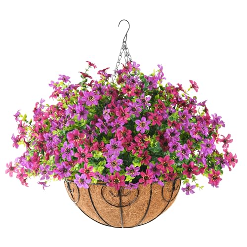 ZFProcess Artificial Flowers Hanging Baskets, 12 Bundles Faux Flowers Outdoor Hanging Basket Spring Summer Decoration, Fake Flower Plants for Porch Patio Balcony Home Yard Decor(Light Purple Red) - color: Light Purple Red