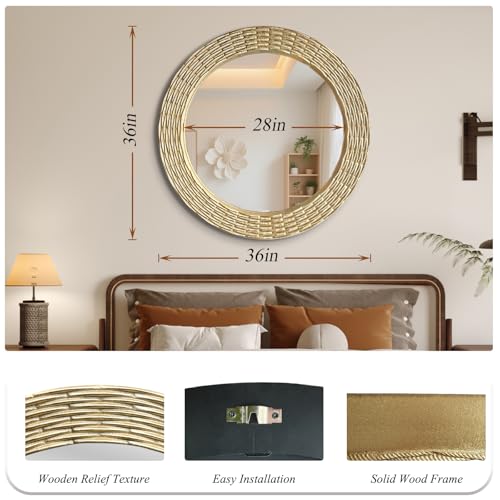 WAMIRRO Gold Round Wood Mirror, 36 Inch Hand Carved Solid Wood Frame Circle Mirror for Wall Mount, Farmhouse Boho Decor for Living Room, Bathroom, Bedroom, Hallway & Entryway - size: 36"L x 36"W