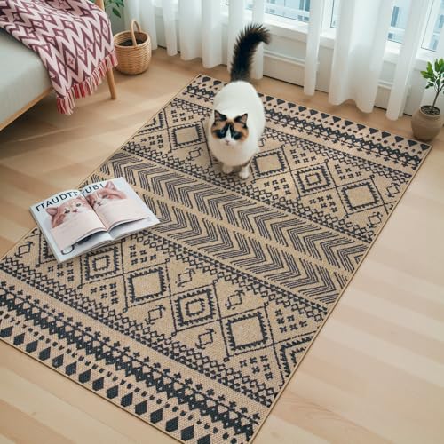 Lahome Easy Jute Boho Area Rugs for Entryway, 3x5 Washable Rug Non Slip Indoor Outdoor Carpet, Small Geometric Print Distressed Rugs, Low Pile Front Door Carpet for Porch Balcony - color: Boho-neutral, size: 3' x 5' (Rectangular)