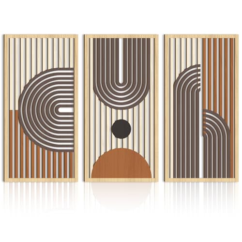 IARTTOP Mid century Modern Decor 16x32 Inch Large Boho Wood Wall Art Abstract Wooden Wall Decor Minimalist Bohemian Orange Artwork for Living Room Bedroom Office Set of 3 - color: Brown boho, size: 16 x 32 inches