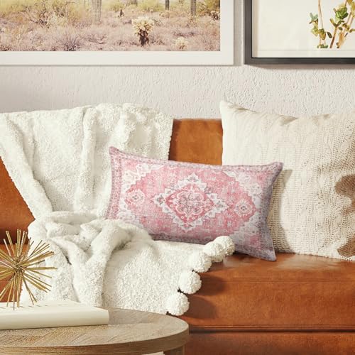 Snycler Pink Boho Throw Pillow Covers Set of 2 Monaco Rug Carpet Double Sided Pattern Cotton Soft Pillow Case Cushion Cover Pillowcase for Garden Couch Sofa Bed Decorative 12x20 inch - color: Pink, size: 20" x 12" (Pack of 2)