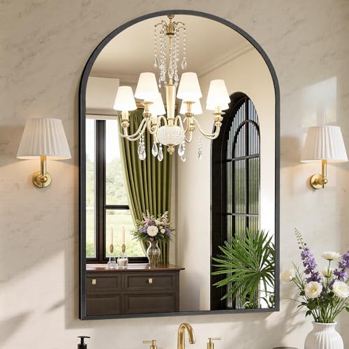 Sweetcrispy 30"x40" Arched Black Bathroom Mirrors for Wall, Bathroom Mirrors for Over Sink, Metal Framed with HD Shatter-Proof Glass for Entryway, Living Room, Bedroom, Home Decor - color: Black, size: 30"L x 40"W