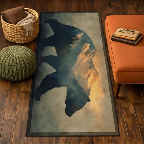 Bear Runner Rug 2x8, Rustic Black Bear Rug for Hallways, Vintage Cabin Style Rugs Non-Shedding & Easy Care, for Dining Room Kitchen Office - color: Western Wildlife, size: 2' X 8'(runner)