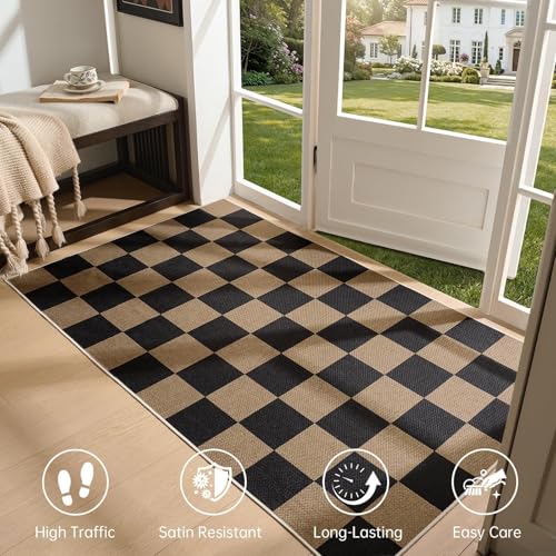 Sasttie Checkered Jute-Look Entryway Rug, 3x5 Washable Rug Front Door Mat, Non-Slip Neutral Farmhouse Throw Rugs for High Traffic Indoor & Outdoor, Natural/Black - color: Black & Natural, size: 3' x 5' (Rectangular)