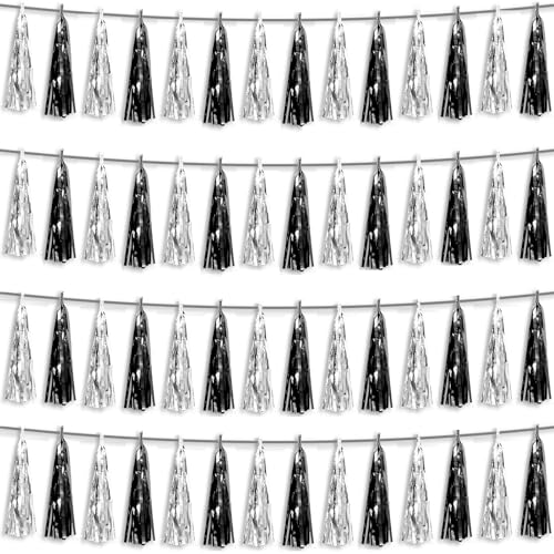 4P Black Silver Foil Fringe Metallic Tassel Streamers Banner Tassel Garland for Parade Floats, Graduation, Wedding, Birthday, Halloween, Christmas, Bridal/Baby Shower Party Decorations - color: Black Silver