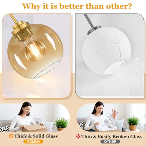 MQMQA 2 Pack Gold Globe Pendant Lights, Mid Century Gold Pendant Light Fixtures, Amber Glass Pendant Lights Kitchen Island Adjustable Hanging Fixture for Dining Room (Bulbs not Included) - color: Brushed Gold + Amber Glass 2 Pack