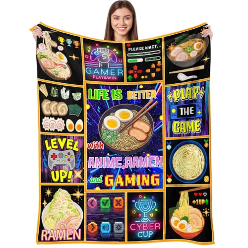 Aipon Anime Ramen Gaming Gamer Blanket 50"x 60", Anime Ramen Lover Gaming Gamer Gifts for Boys Kids Men, Funny Food Game Controller Blankets, Soft Cozy Lightweight Throw Blanket for Girls Women - color: Orange Ramen, size: 50.00'' × 60.00''