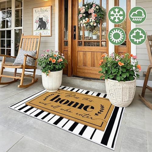 2 Pcs Coir Door Mat Welcome Mats for Front Door Black White Striped Layering Rug for Porch Outdoor Entrance Doormats Non Slip God Bless Matt for Religious Gifts Christian Rugs for Patio 23.6"x35.4" - color: 2 Pcs Coir Home