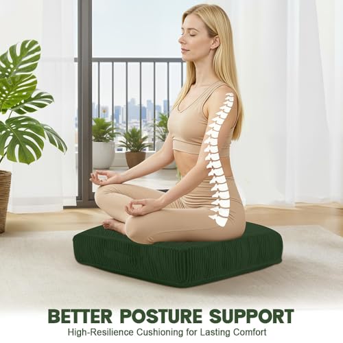 Floor Pillow for Adults Set of 2, 4" Square Floor Cushions with Washable Cover, Large Corduroy Meditation Pillow, 24 inches Tatami Seat with Handle for Living Room or Yoga, Green - color: Green, size: 24x24x4.2 inch