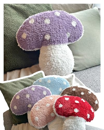 Mushroom Throw Pillow Tufted Decorative Cushion 15” x 15” – Decor for Bed, Couch, Living Room (Purple) - color: Purple