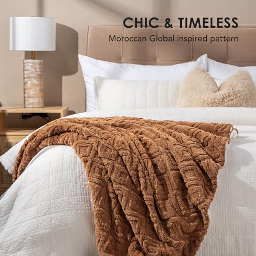 EverGrace Jacquard Boho Sherpa Fleece Throw Blanket for Couch, Super Soft Cozy Fuzzy Plush Blankets for All Seasons, Reversible Thick Warm Blanket for Bed, Sofa, Living Room, Burnt Orange, 50" x 60" - color: Burnt Orange, size: 50x60 Inches