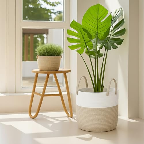 ShellKingdom Laundry Basket, Large Natural Rope Woven Storage Basket with Handles for Home, Living Room, Laundry, Storage Organizer for Blankets, Clothes, Toys, 19.7 x 14.96 INCH (2-Toned White Khaki) - color: 2-Toned White Khaki, size: 58L