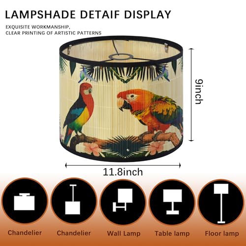 Bamboo Lamp Shade With Tropical Plants Chandelier Covers, Bohemian Farmhouse Drum Lamp Shade for Table Lamp Floor Lamp, Rustic Rattan Light Fixture for Bedroom Living Room (11.8x11.8x9 inch) - color: color6, size: 11.8*9