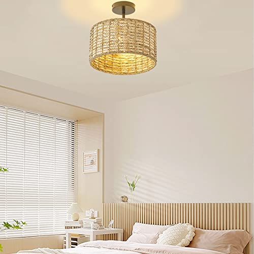 13"Rattan Ceiling Light Fixture Flush Mount, 2-Light Boho Rattan Hand-Woven Ceiling Light Fixtures Drum Wicker Chandelier Light Fixture for Dining Room Bedroom Living Room Hallway Foyer Kitchen - color: 13”Brown