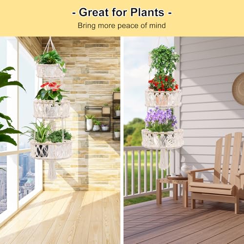 3 Tier Hanging Basket, Macrame Hanging Basket for Fruit and Vegetable Storage, Cotton Rope Woven Baskets for Kitchen, Decorative Boho Decor Hanging Plant Holder - color: White