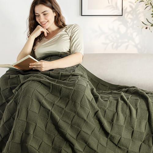 Whale Flotilla Checkered Knit Throw Blanket for Couch, Soft Decorative Knitted Blankets for Sofa Bed, Lightweight Cozy Throws for Spring Summer, 50x60 Inch, Olive - color: Olive, size: 50x60 Inch