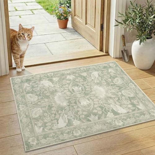 SIRIS 2x3 Small Washable Rug, Symmetrical Botanical Floral Entryway Rug, Vintage Low-Pile Non-Slip Door Mat for Indoor Foyer, High-Traffic Kitchen Sink Laundry Room, Sage Green - color: Siris Sage Green, size: 2' x 3' (Rectangular)