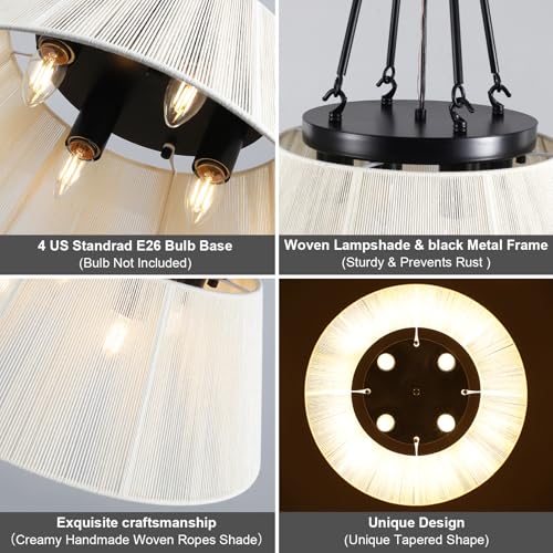 18.11 Inches Drum Chandeliers Boho Woven, 4Lights Boho Chandelier Cream White Hand-Woven Bohemian Pendant Light, Height Adjustable Rattan Bohemian Chandelier for Dining Room Kitchen Island - color: 18Inch-Rattan-Drum