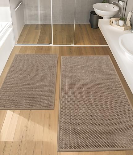 YIHOUSE Bathroom Rugs Sets 2 Pieces, Grey Ultra Thin Bath Mats Fit Under Door, Absorbent Quickly Dry Rubber Backing Braided Bath Mat Set, Non Slip Washable Bath Rugs Mat for Bathroom Floor, Grey - color: Grey, size: 2pieces