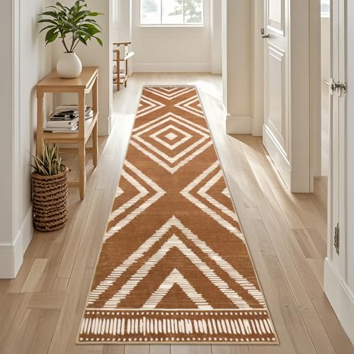 2x10Ft Boho Runner Rugs for Hallway Non Slip, Brown Washable Kitchen Rug Runners, Soft Moroccan Farmhouse Entryway Runner, Low Pile Geometric Floor Carpet for Bedroom Home Decor - color: Brown, size: 2' x 10' (Rectangular)