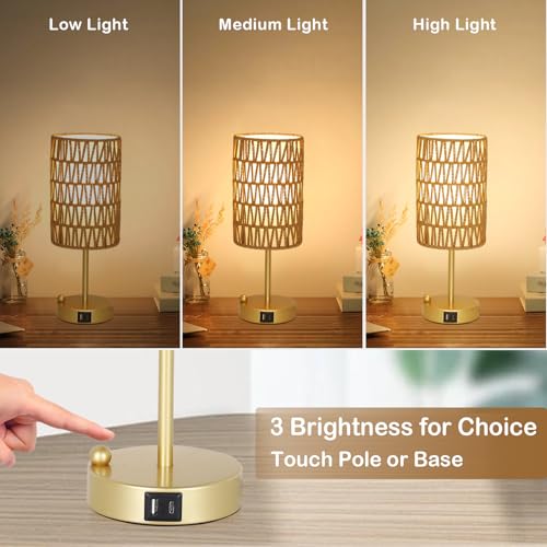Gold Table Lamp for Bedroom with Bulb, Small Touch Control Table Lamp for Living Room with Rattan & Linen Shade, 3 Way Dimmable Bedside Lamp for Nightstand with USB Charging Port & Phone Stand - color: Gold