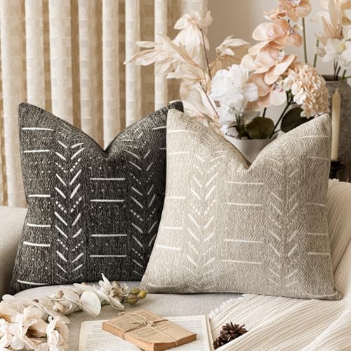 Home Décor Decorative Boho Accent Chenille Throw Pillow Covers, Textured Neutral Cushion Covers, Soft Farmhouse Pillowcase for Couch Sofa Chair Bed Living Room, 18×18 Inch, Set of 2, Beige - color: Beige, size: 18" x 18" (Pack of 2)