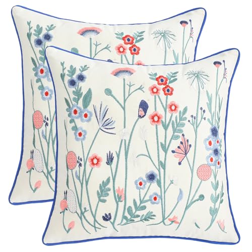 LUOYEHK Embroidered Throw Pillow Covers 18x18 Inch Set of 2 Blue and Pink Flowers Decorative Pillow Covers Spring Summer Flora Pillowcase Cushion Cover for Couch Sofa Bed Home Decor - color: Pink Blue Flower