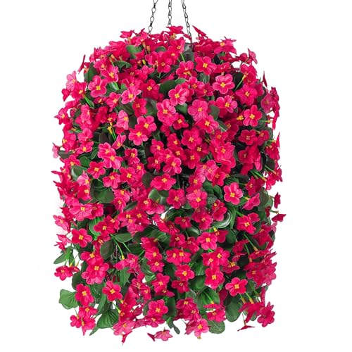 Artificial Fake Hanging Flowers Plants Baskets for Outdoor Outside Porch Decoration, Faux Silk Hotpink Realistic UV Resistant Orchid Long Vines in Planter for Spring Summer Home Patio Balcony - color: Hotpink