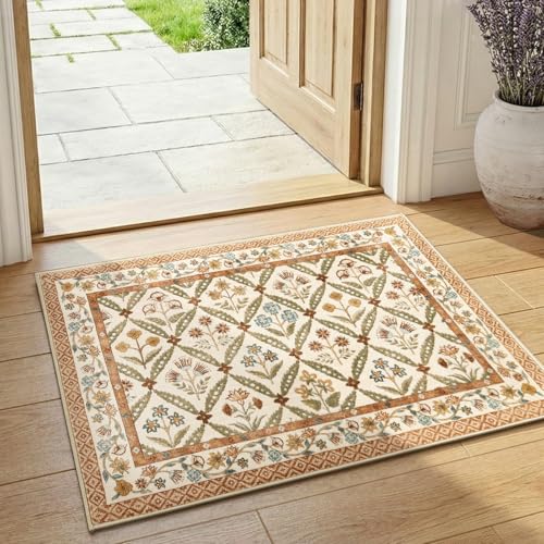 jinchan Haden Entryway Rug 2x3 Vintage Floral Washable Rug for Entrance Soft Non-Slip Low Pile Door Mat for Doorway Kitchen Bathroom Small Carpet Cottage Indoor Decor Terracotta - color: Terracotta, size: 2' x 3' (Rectangular)