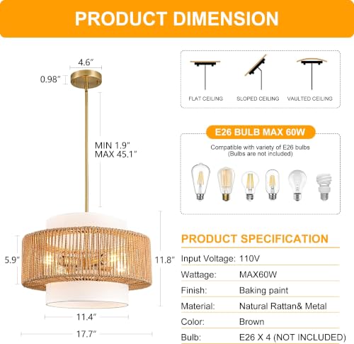 Boho Rattan Chandelier, 17.7" Boho Pendant Light with Fabric Lampshade, 4-Light Rattan Light Fixture Ceiling Hanging for Dining Room, Living Room, Bedroom, Kitchen Island, Hallway, Foyer - size: 17.7″Fabric